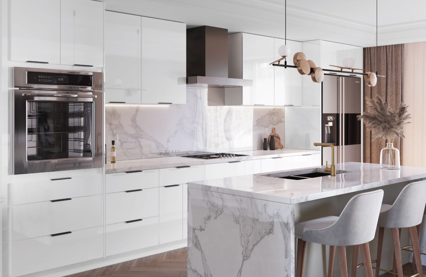 Illume frameless kitchen in white with a marble waterfall island and modern lighting.
