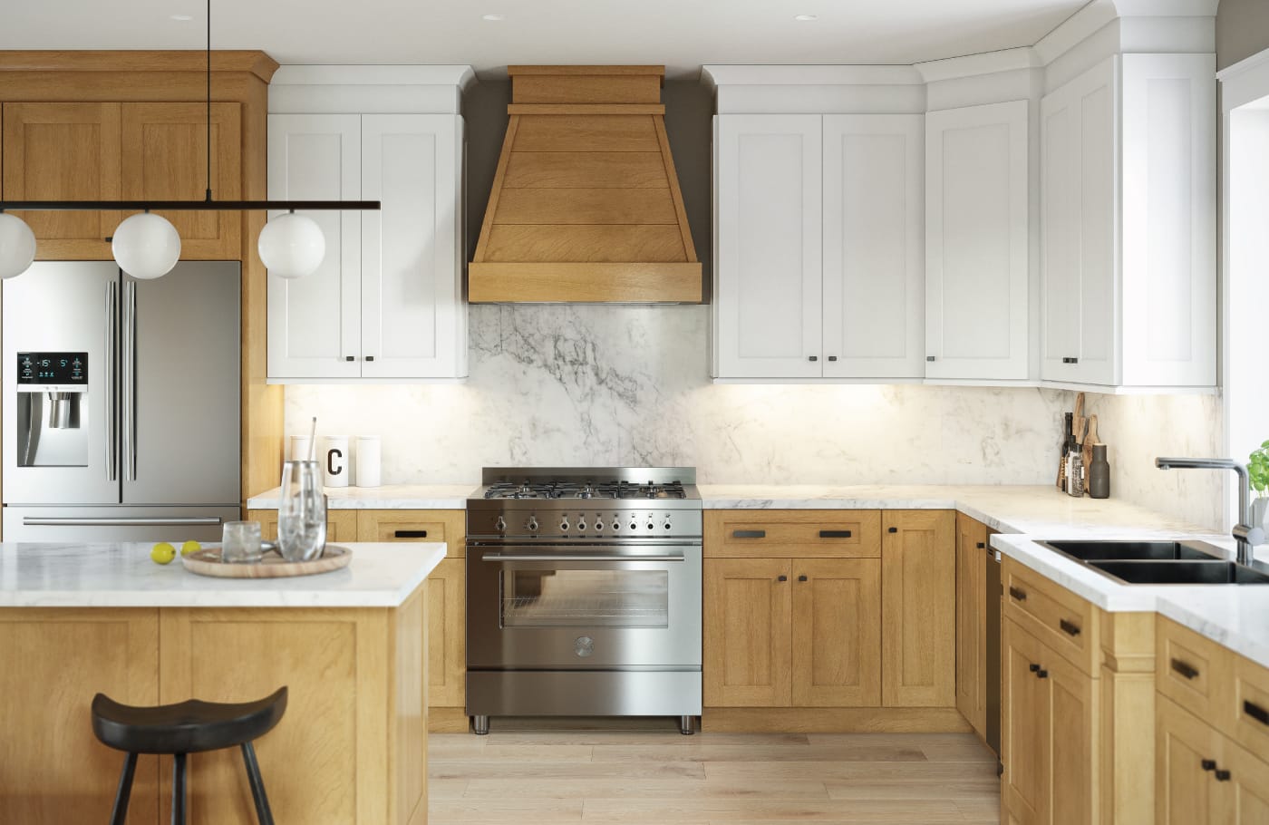 Allure framed kitchen with traditional white shaker cabinetry and natural wood range hood.