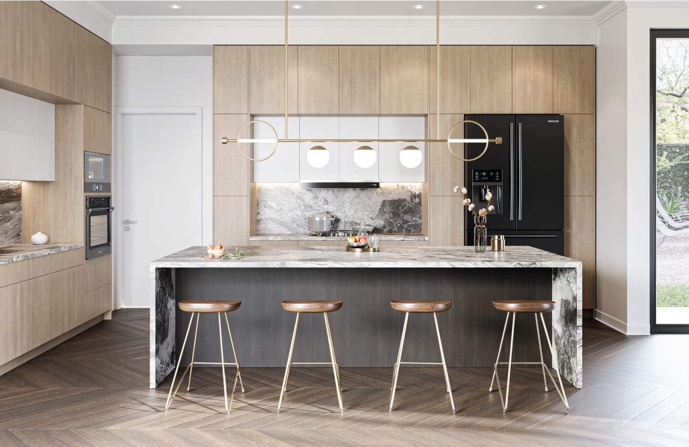 A premium Fabuwood kitchen with marble waterfall island, walnut base cabinetry, and natural light.