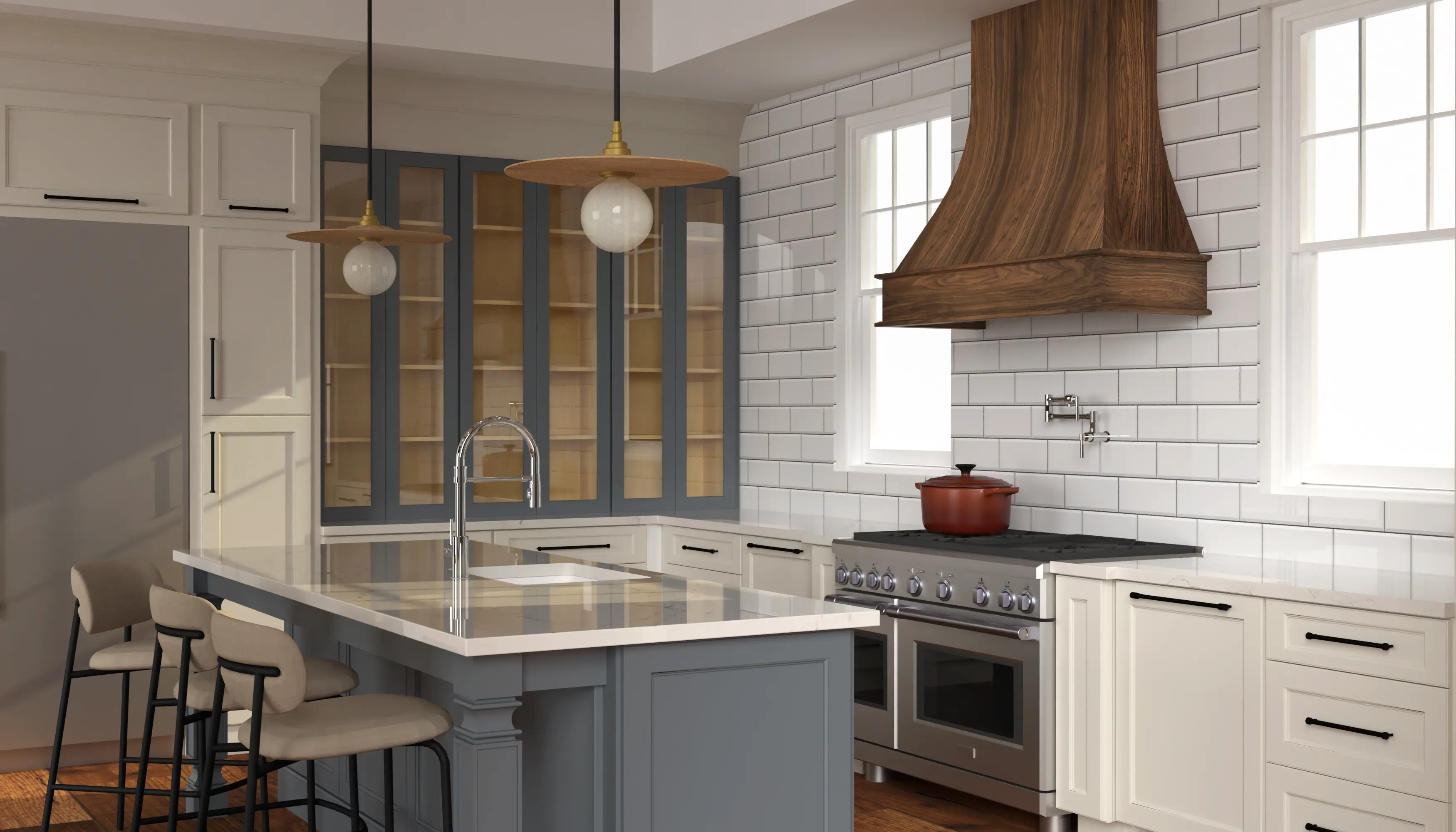 artisan walnut hood kitchen - denim blue